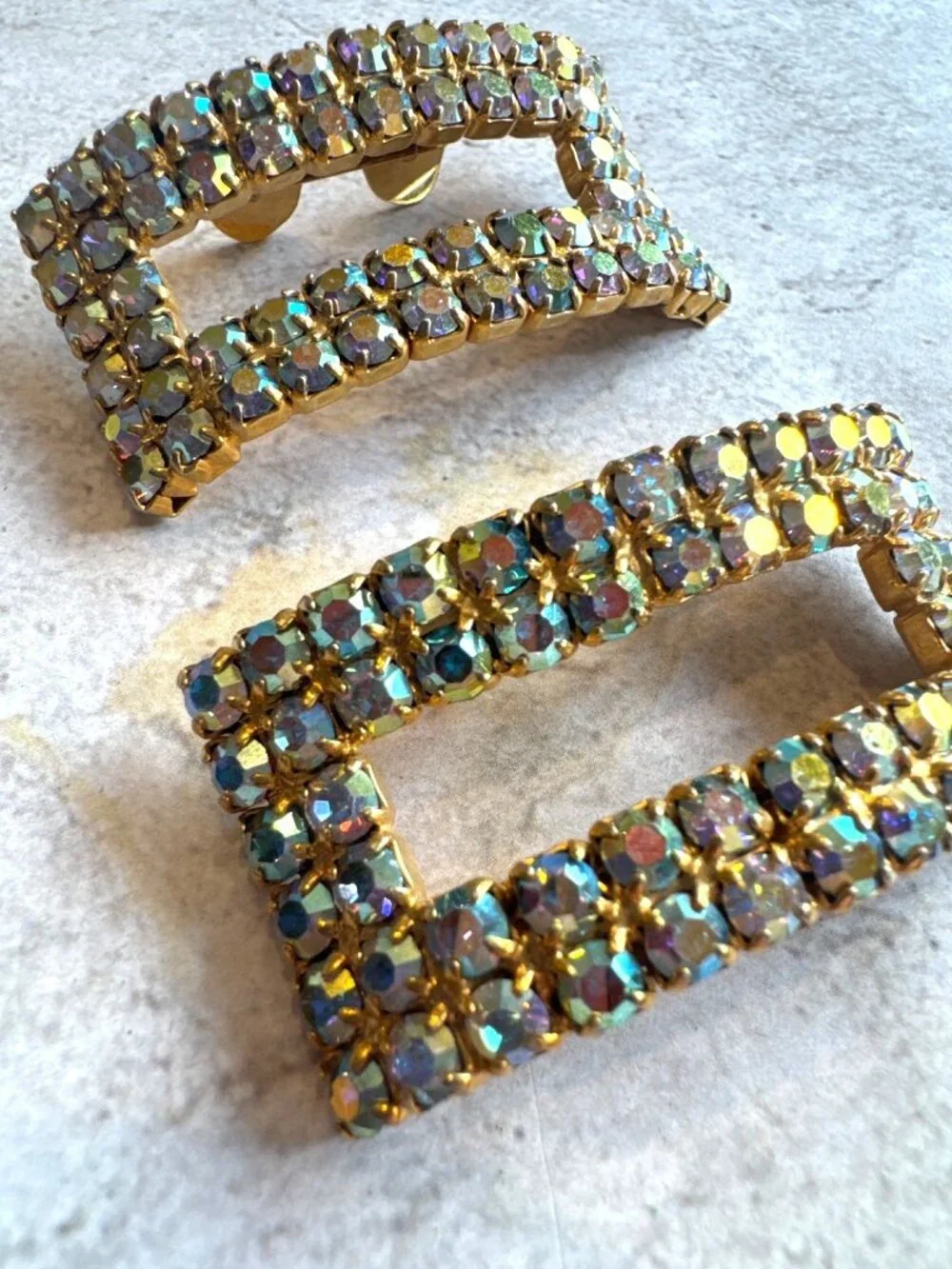 Vintage Rhinestone Gold Rectangular Shoe Clips 2-Inch - Picture 4 of 7